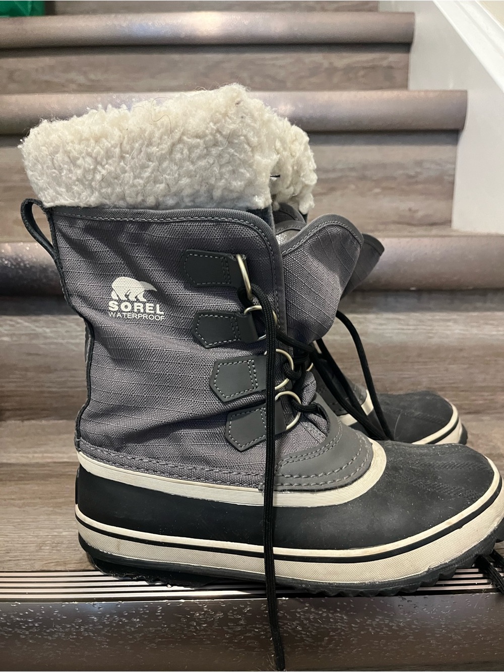 Sorel women’s Waterproof Gray Winter Boots with Faux Shearling